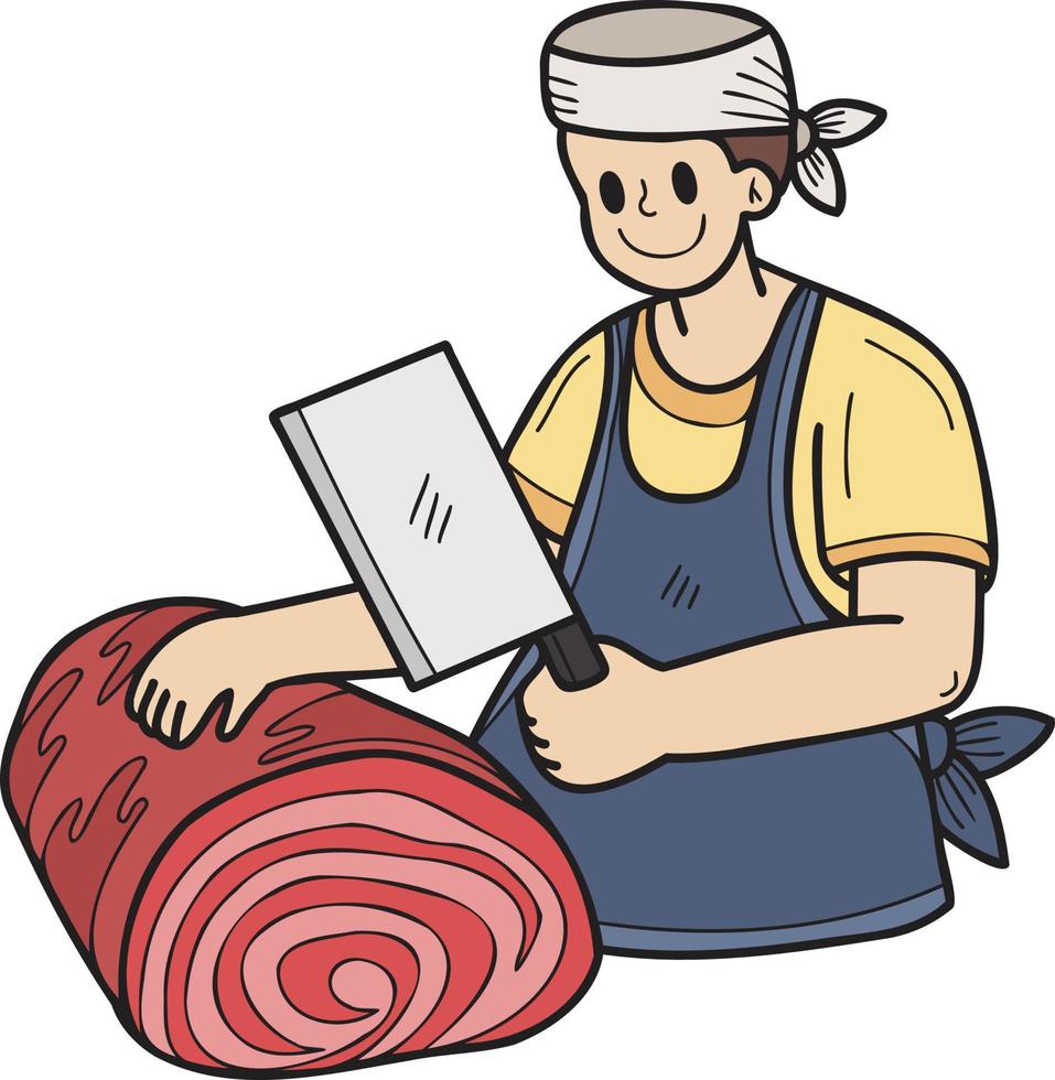 Hand Drawn chef cutting beef illustration in doodle style vector