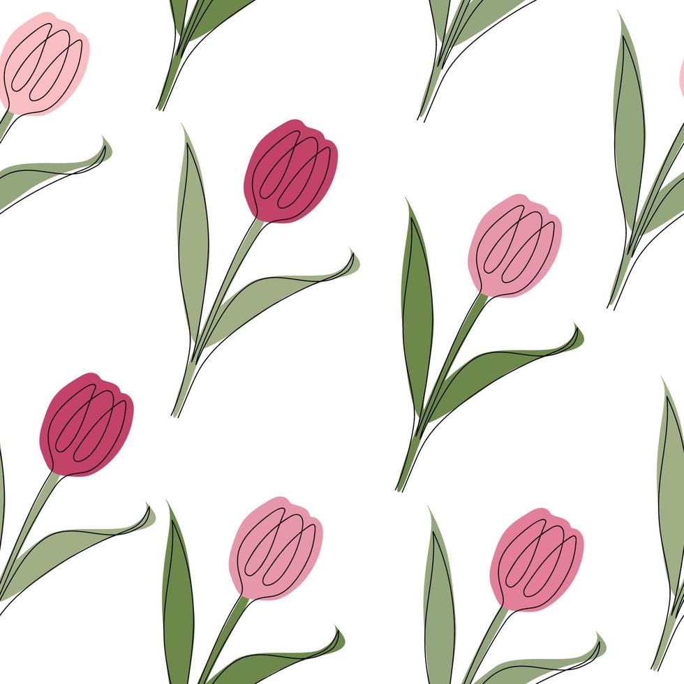 Seamless pattern of tulips drawn in one line. Vector illustration isolated on white background