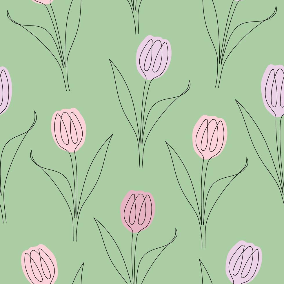 Seamless pattern of tulips drawn in one line. Vector illustration isolated on green background.