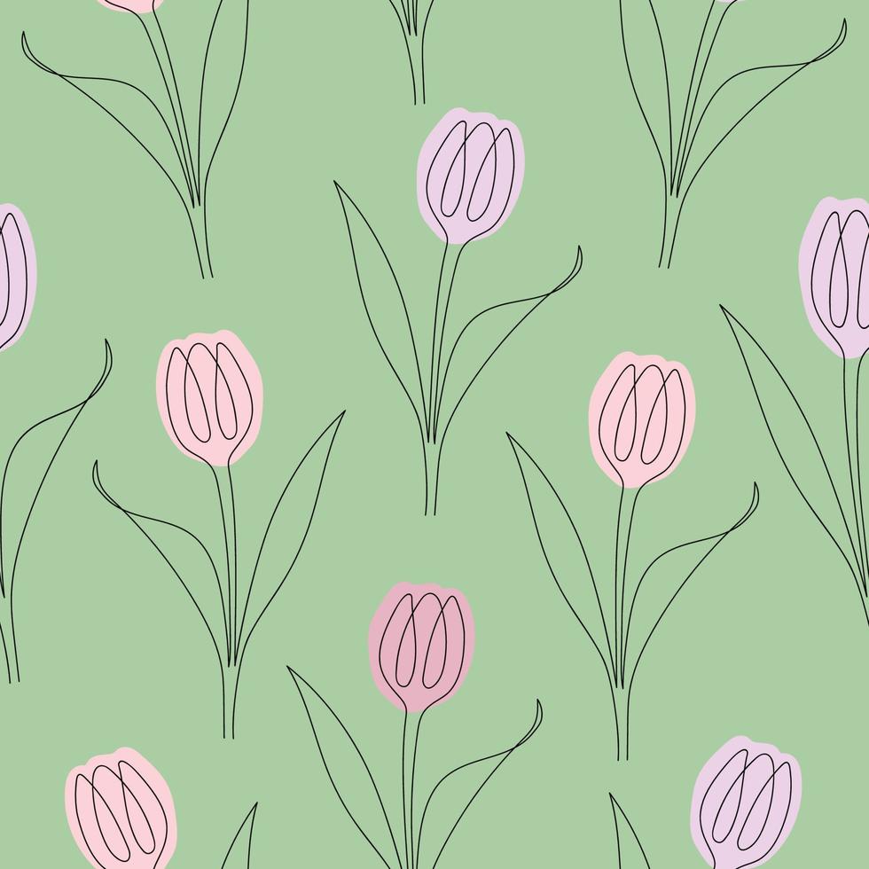 patrón sin costuras de tulipanes dibujados en una línea. ilustración vectorial aislada sobre fondo verde. vector