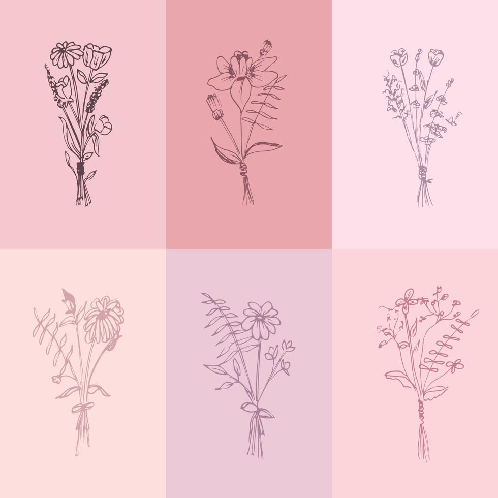 Botanical drawing. Minimal plant logo, meadow greenery, leaves and flowers abstract sketch collection, linear rustic branch. Vector hand drawn wedding invitation bouquet decoration set