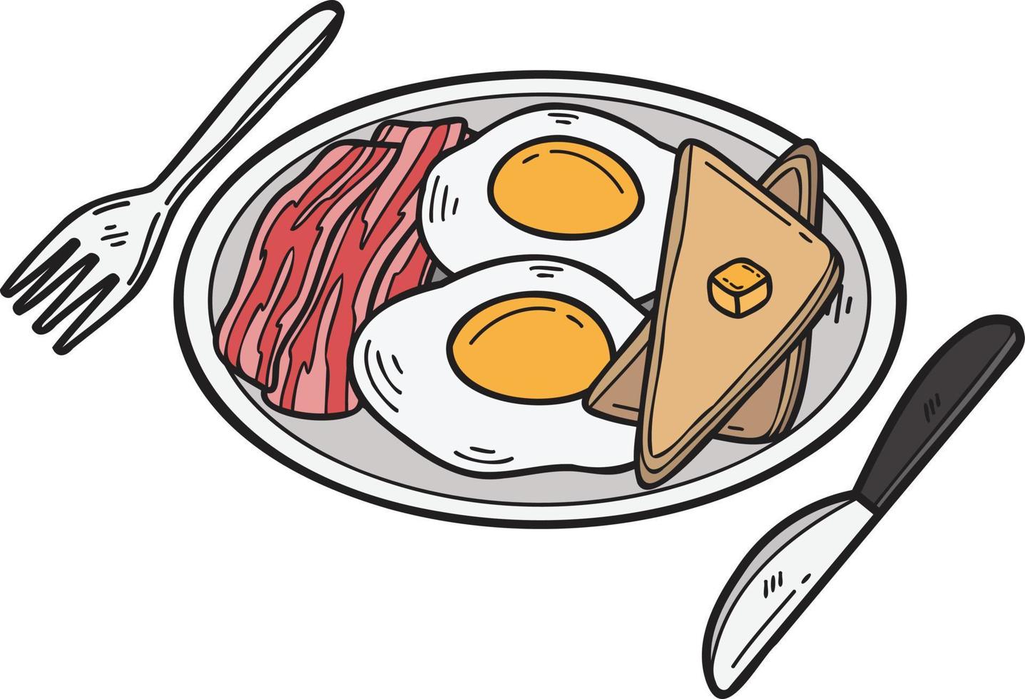 huevos fritos dibujados a mano y tocino en una ilustración de plato en estilo garabato vector