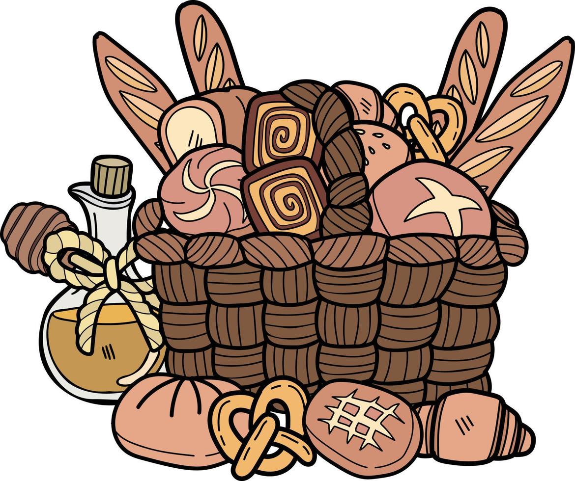 Hand Drawn set of bread on the basket illustration in doodle style vector