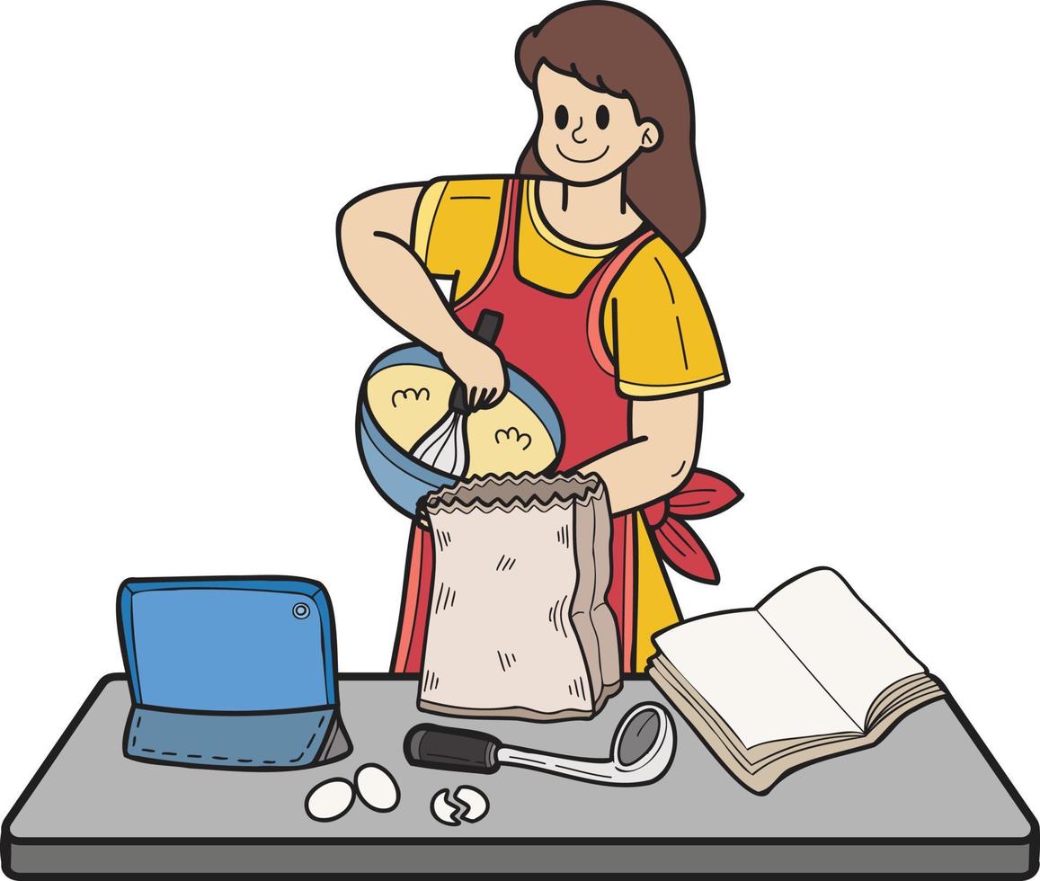 mujer dibujada a mano aprendiendo a cocinar de la ilustración de internet en estilo garabato vector