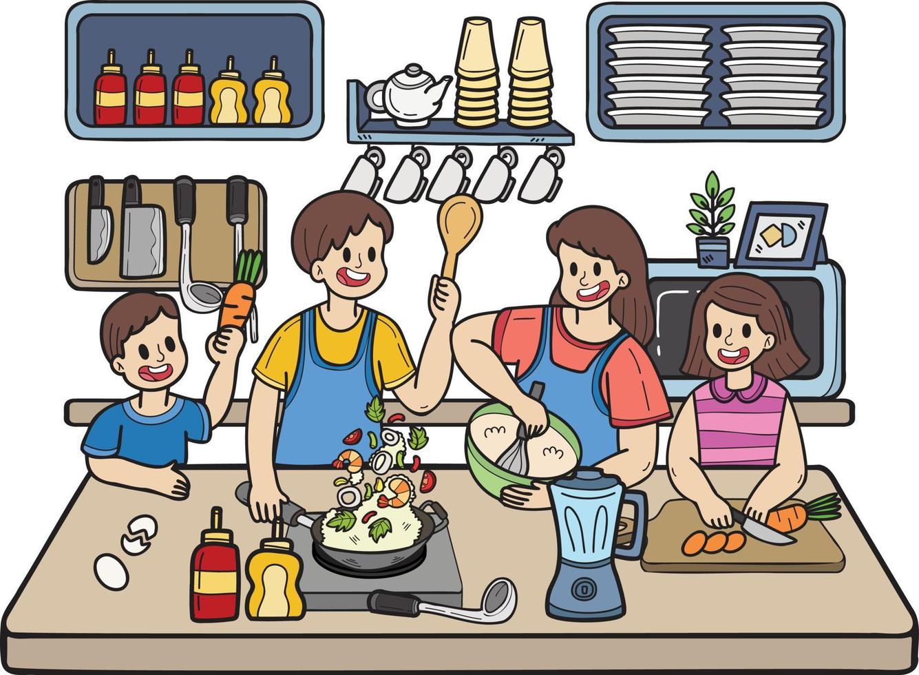 familia dibujada a mano cocinando juntos en la ilustración de la cocina en estilo garabato vector