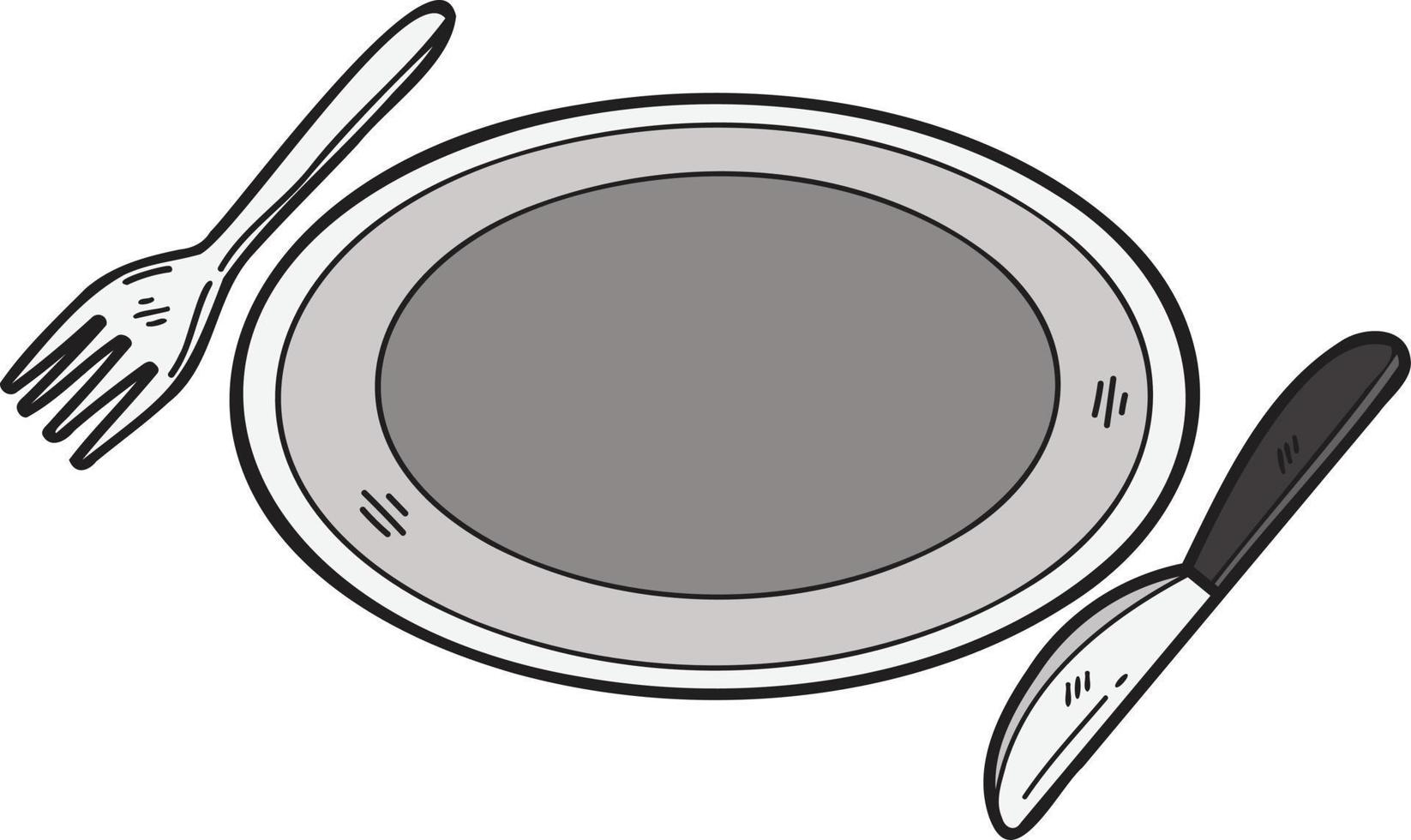 plato de comida dibujado a mano con ilustración de tenedor y cuchillo en estilo garabato vector