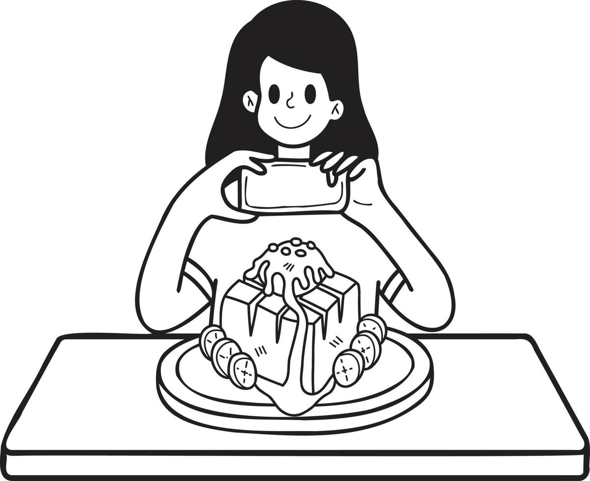 Hand Drawn woman taking photo of dessert illustration in doodle style vector