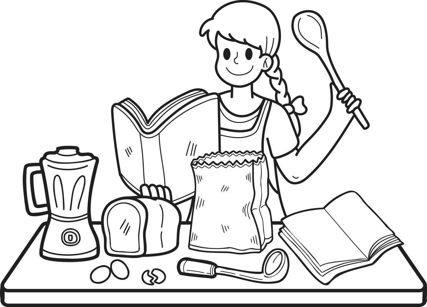 Hand Drawn woman practicing cooking illustration in doodle style vector