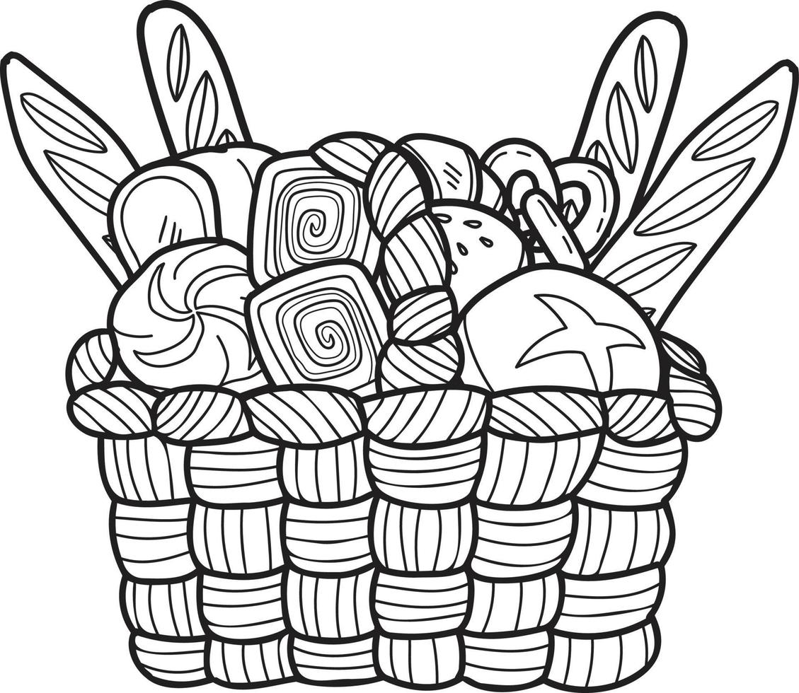 Hand Drawn set of bread on the basket illustration in doodle style vector