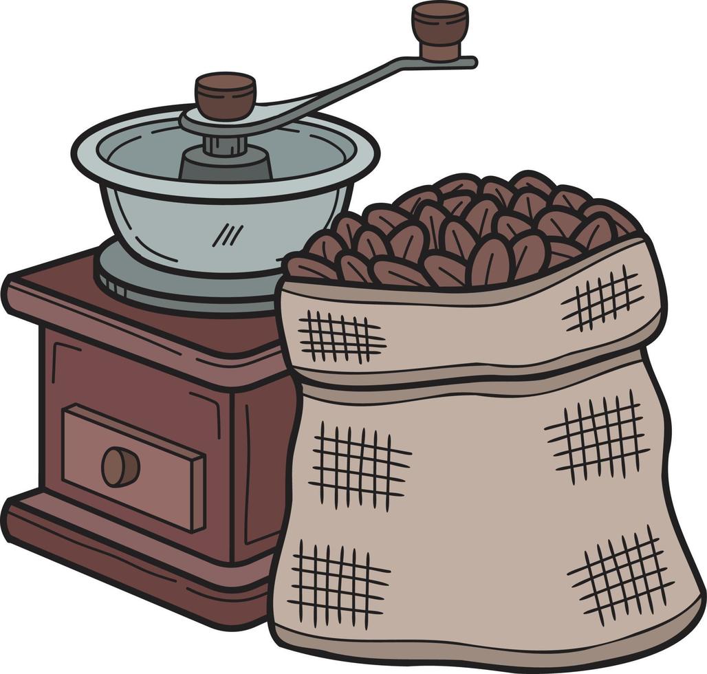 molinillo de café manual dibujado a mano con ilustración de granos de café en estilo garabato vector