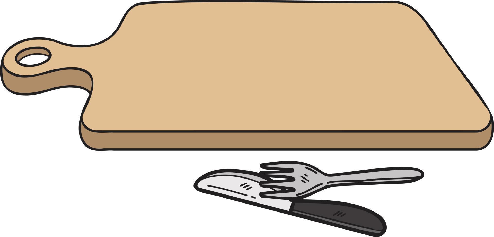 tabla de cortar de madera dibujada a mano con ilustración de tenedor y cuchillo en estilo garabato vector