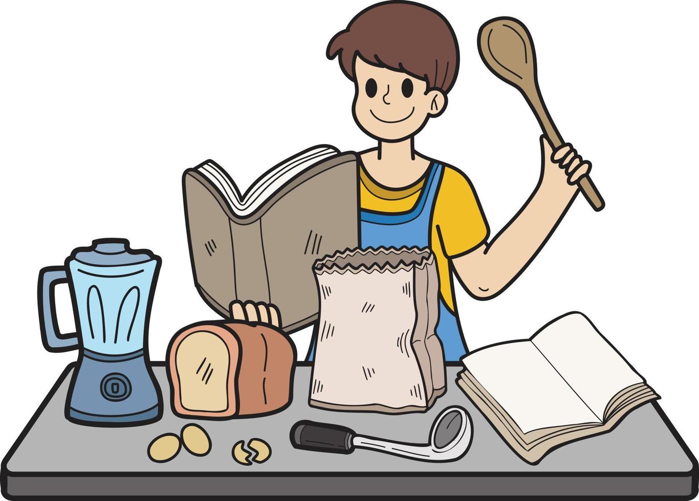 Hand Drawn Man practicing cooking from a book illustration in doodle style vector