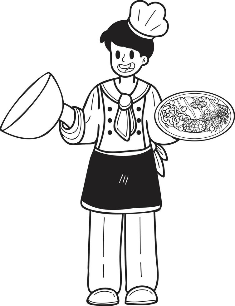 Hand Drawn chef holding food illustration in doodle style vector