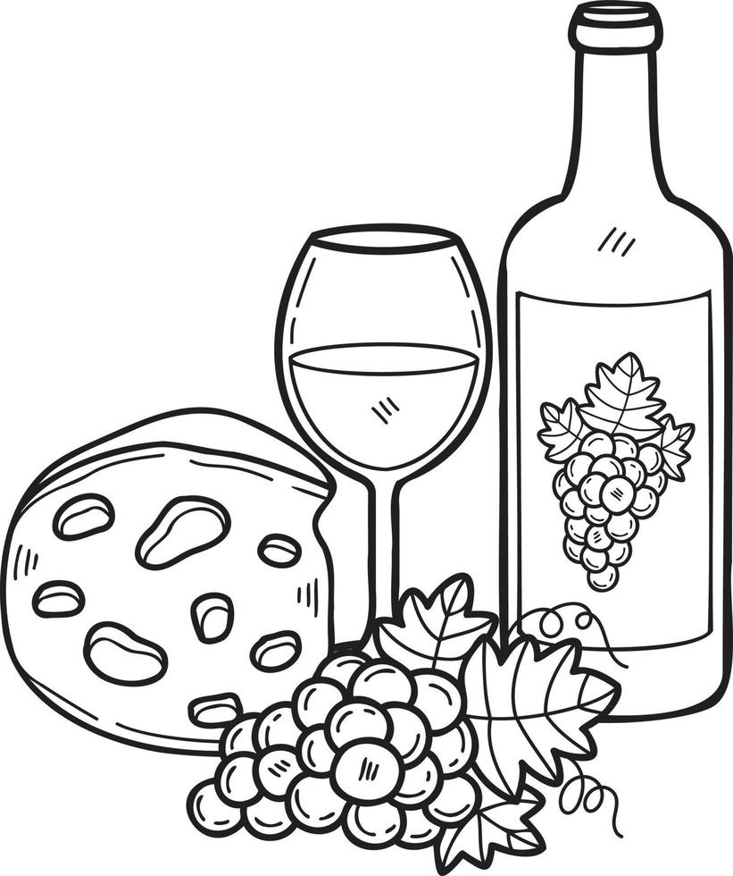 Hand Drawn Cheese and grape wine illustration in doodle style vector