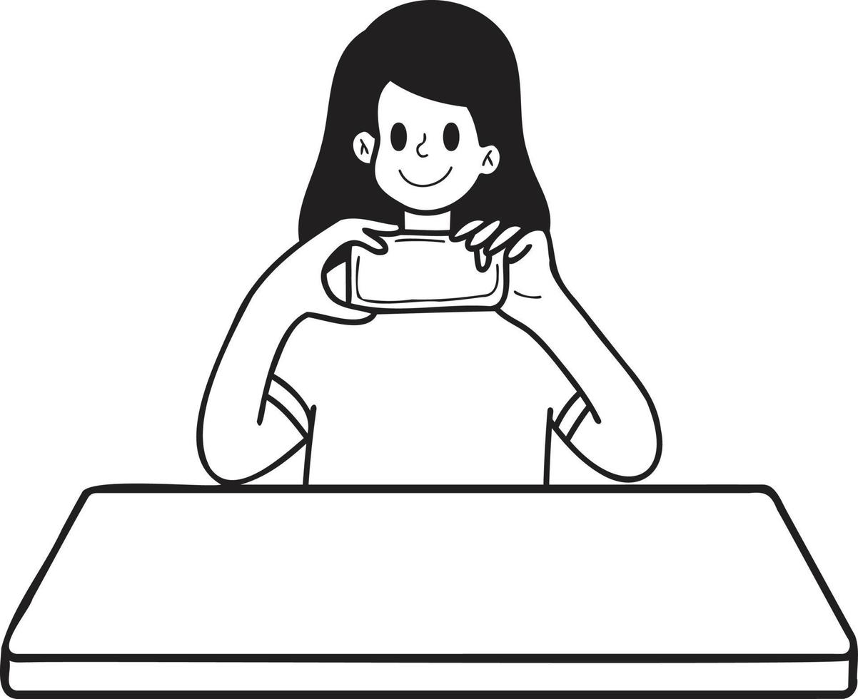 Hand Drawn woman taking photo on dining table illustration in doodle style vector