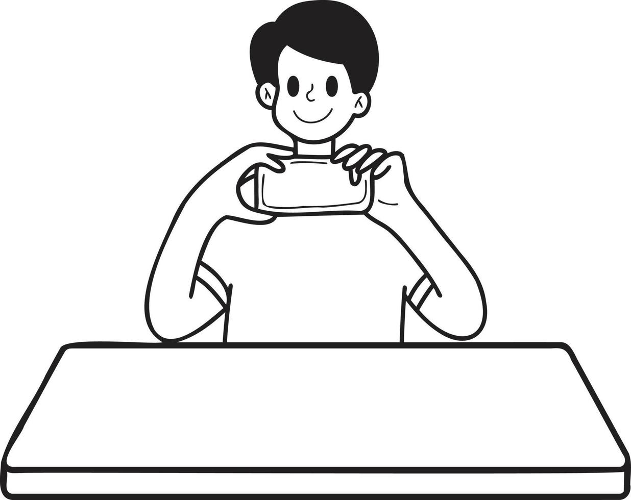 hombre dibujado a mano tomando una foto en la ilustración de la mesa de comedor en estilo garabato vector