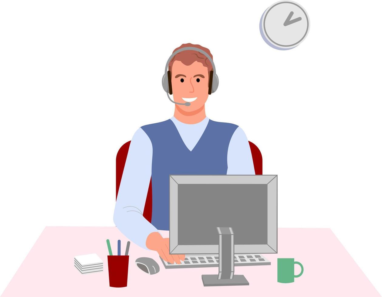 A hotline operator with a headset consults a client. Global online support. operator and client. Technical support concept vector