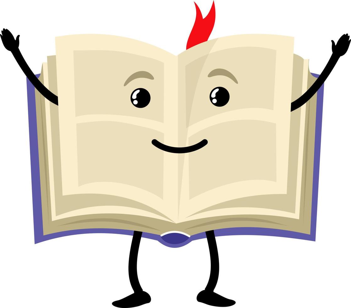 Cute textbook character. Humanities book. Smiling happiness human book. Open paper textbook for study exercise, cartoon character icon vector