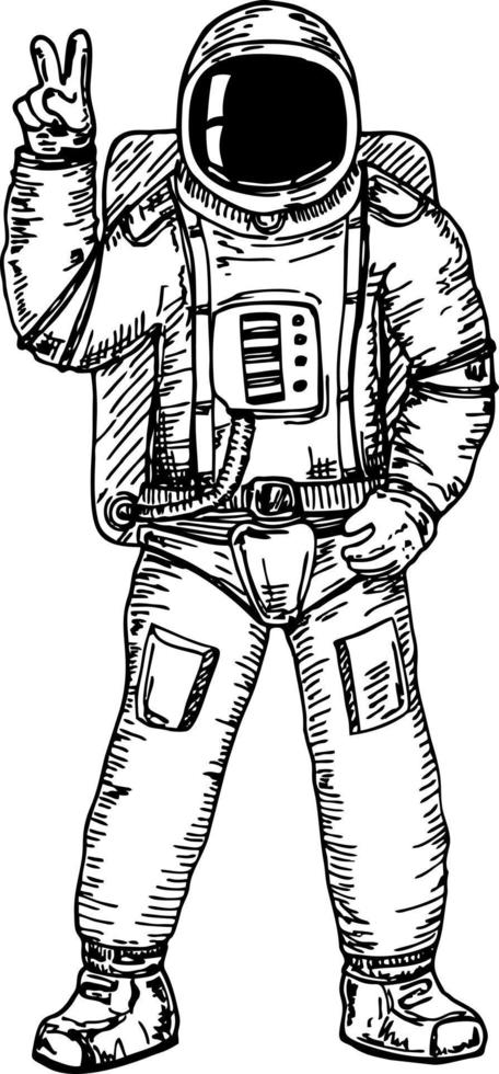 Astronaut hand drawing sketch vector illustration. Shows a hand symbol V. Space Technology Icon Concept