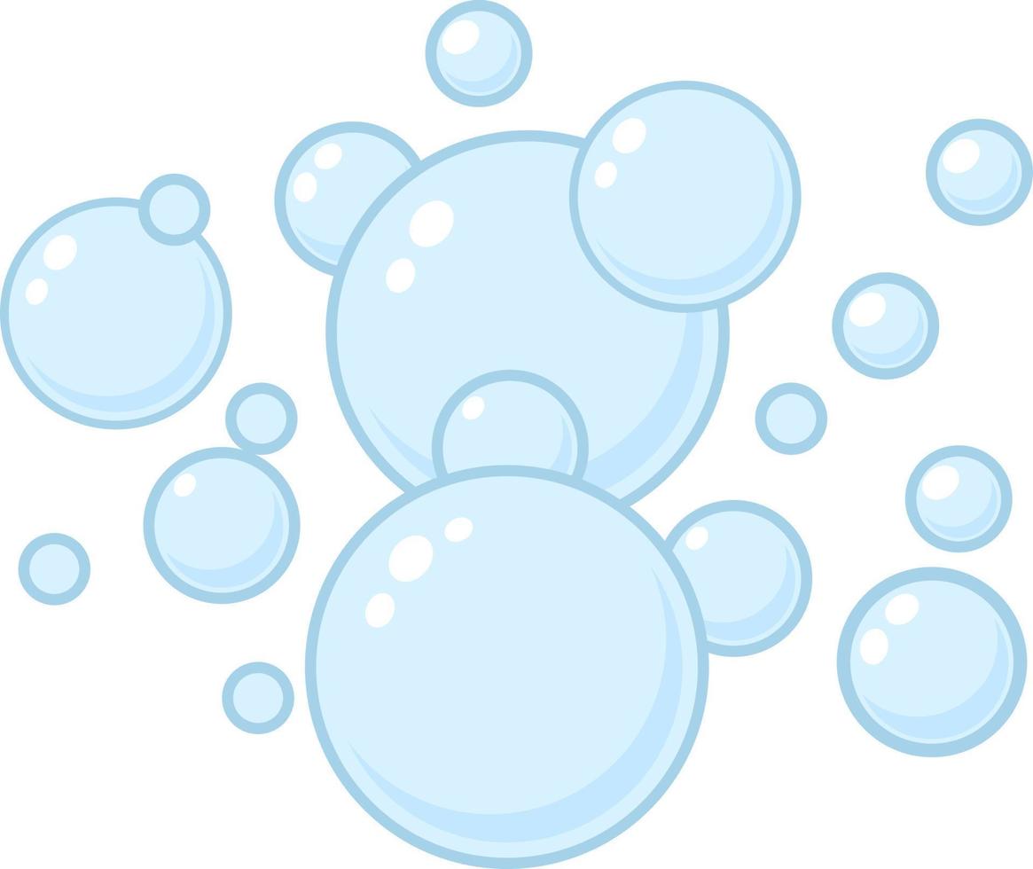 Blue flat air bubbles. Soap bubbles, outline water boiling icons, foam circles effervescent compositions, cleaning signs. Cleaning detergent, shower gel or shampoo vector