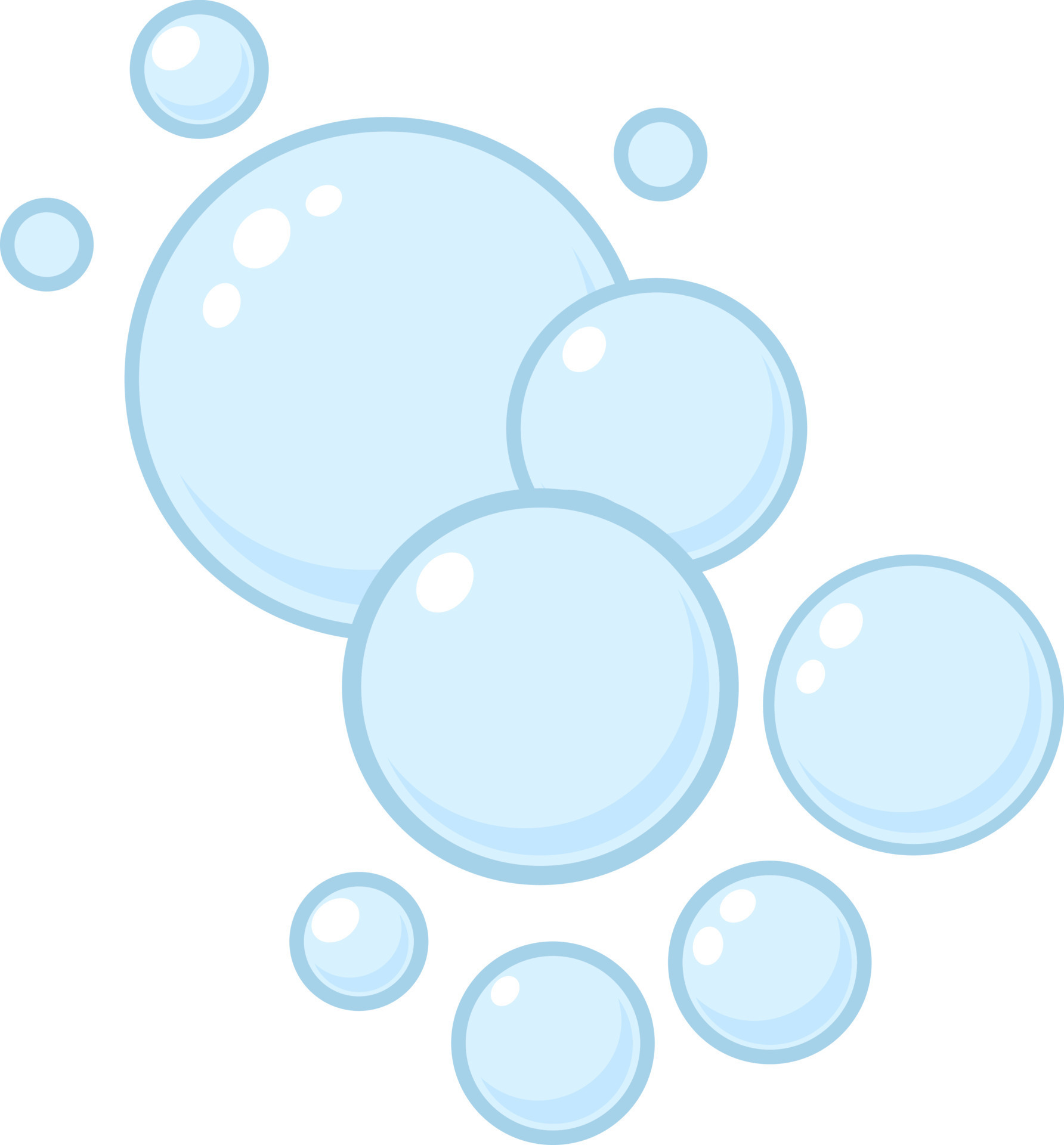 Blue flat air bubbles. Soap bubbles, outline water boiling icons, foam