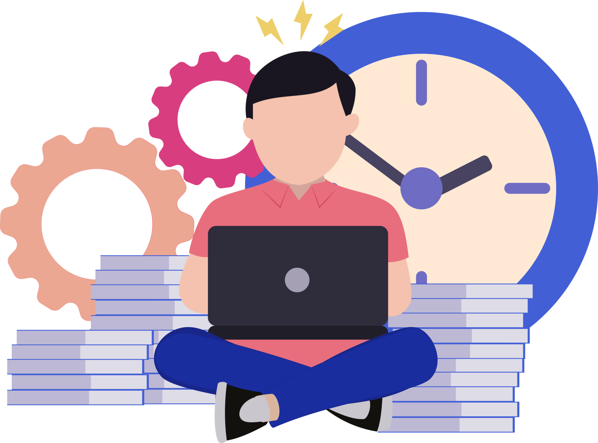 a man finishes work on deadline. illustration of an active man working ...