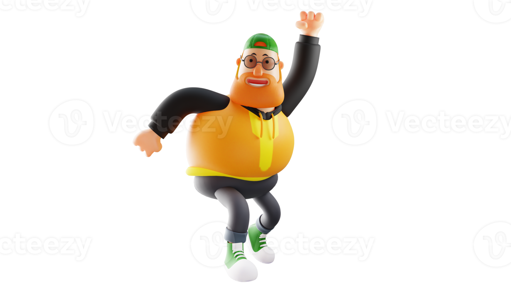 3D Illustration. Cheerful Fat Man 3D Cartoon Character. Rich people smile happily. A man style jumps with enthusiasm. 3D cartoon character png