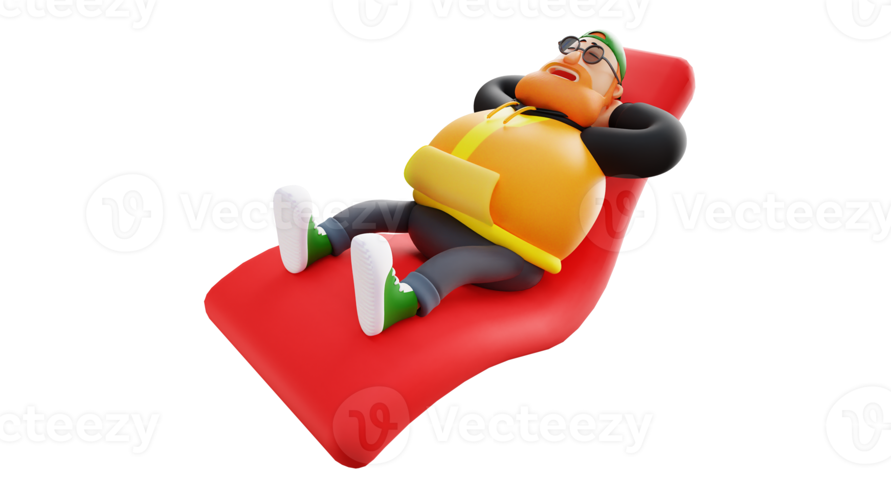 Illustration 3D. personnage de dessin animé 3d gros homme. homme élégant se détend sur une longue chaise rouge. le gros homme dort sur une chaise. personnage de dessin animé 3D png