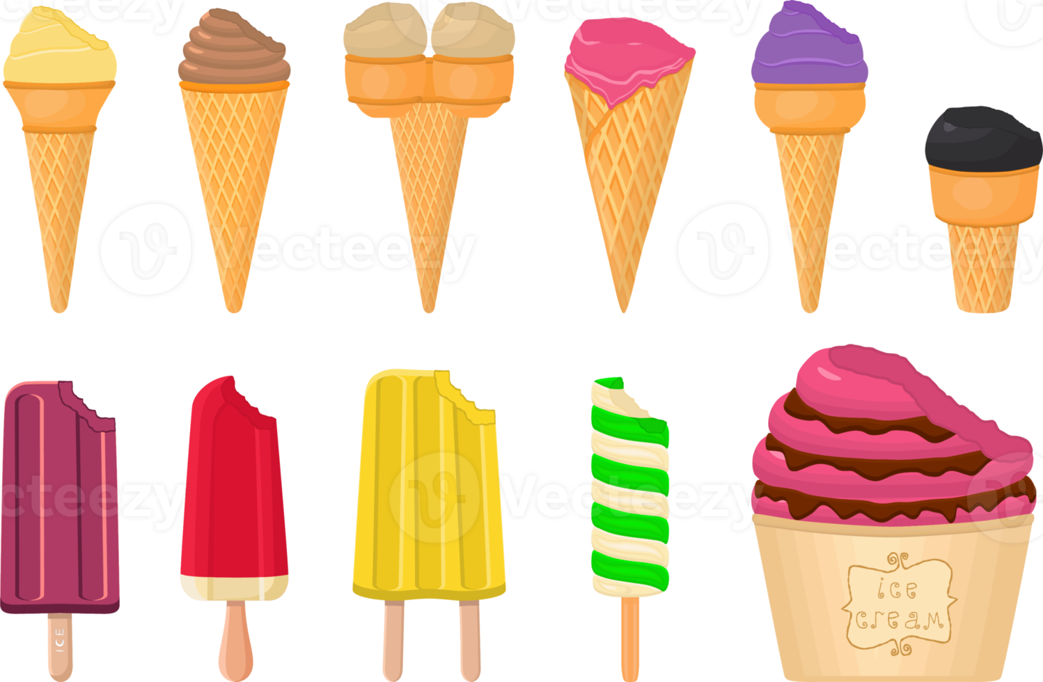 big kit ice cream different types in cone waffle cup png