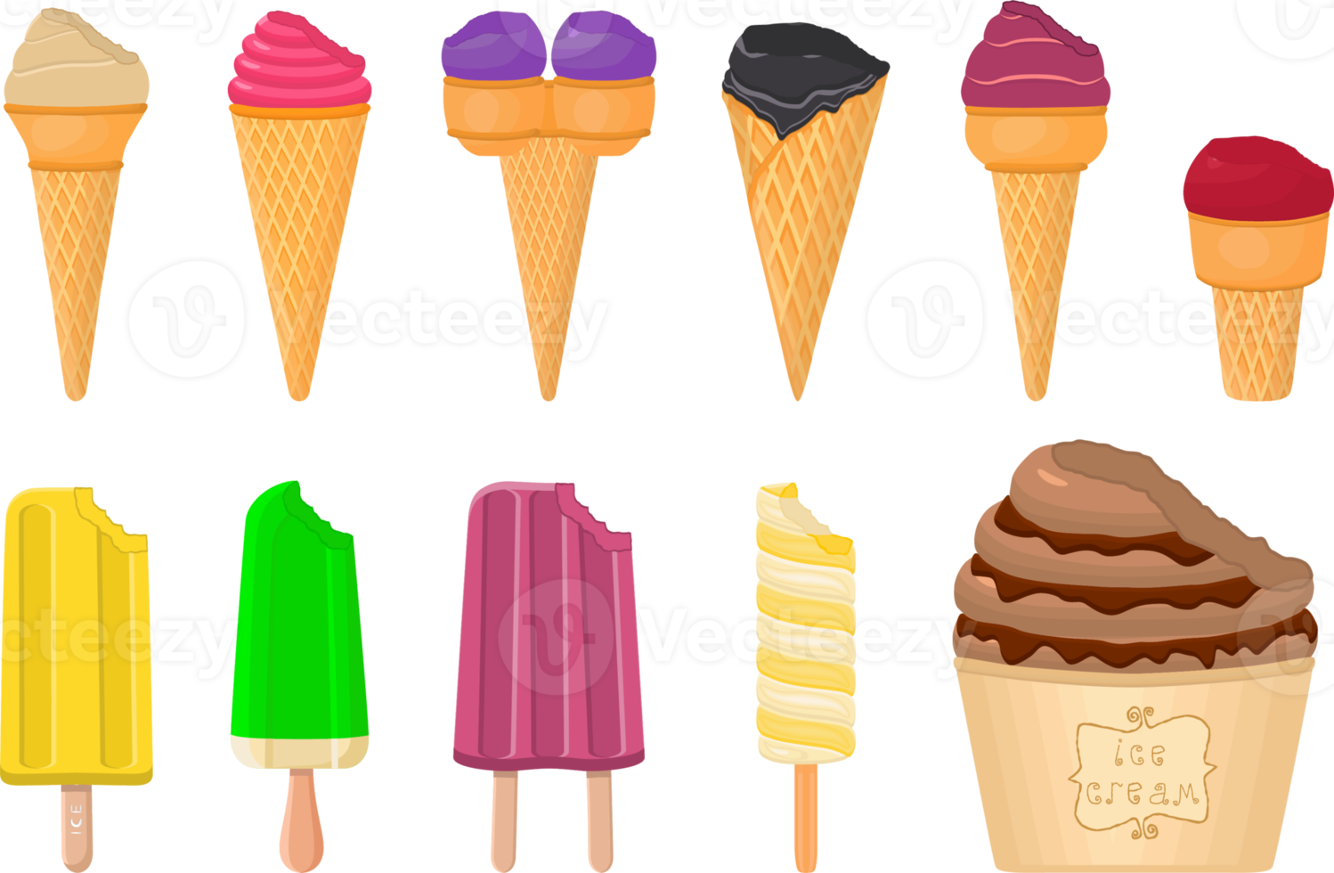 big kit ice cream different types in cone waffle cup png