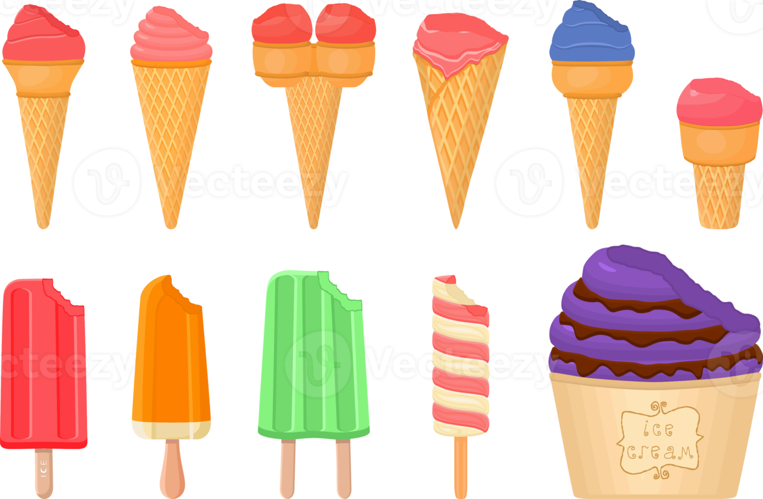 big kit ice cream different types in cone waffle cup png