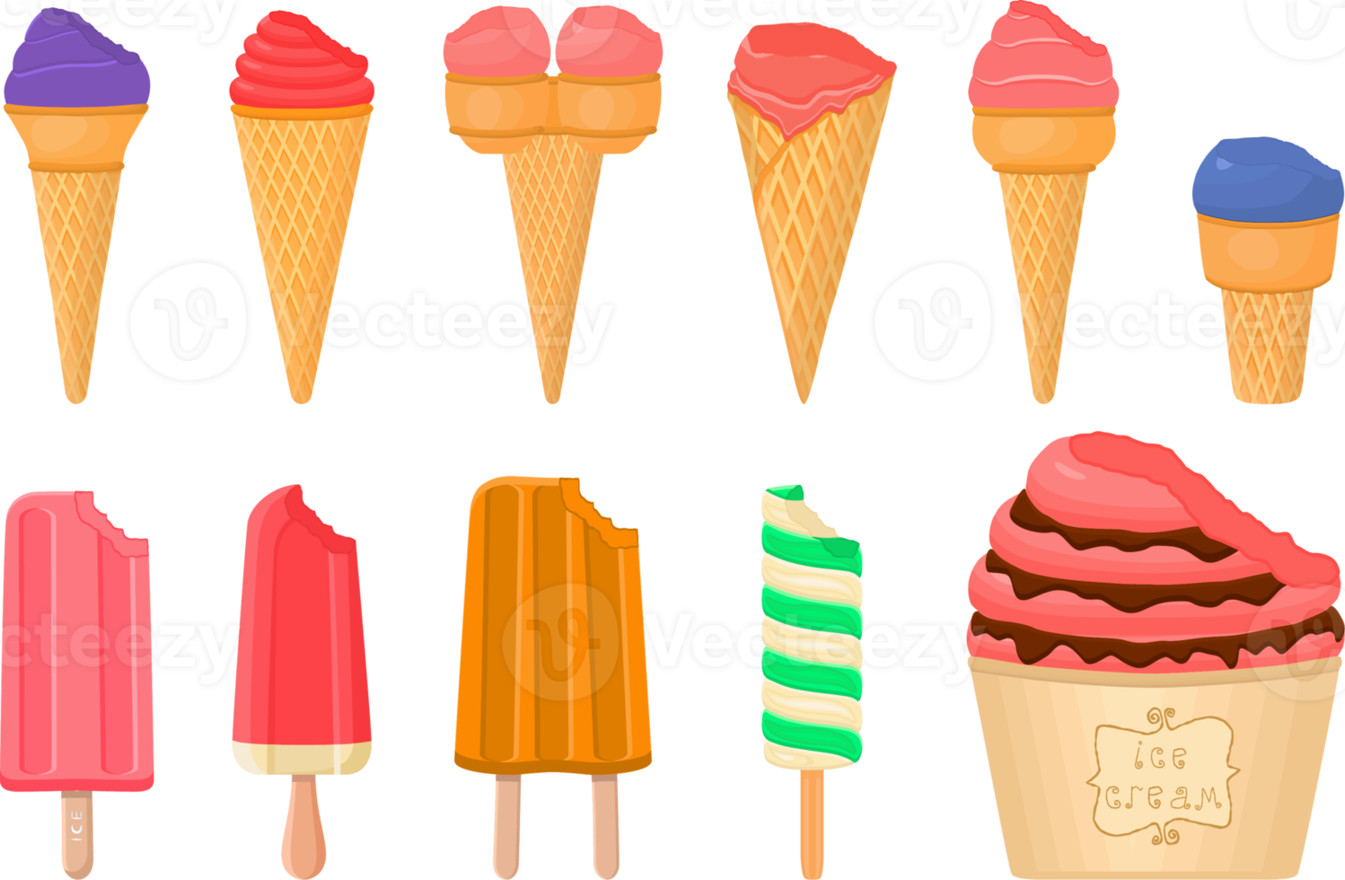 big kit ice cream different types in cone waffle cup png