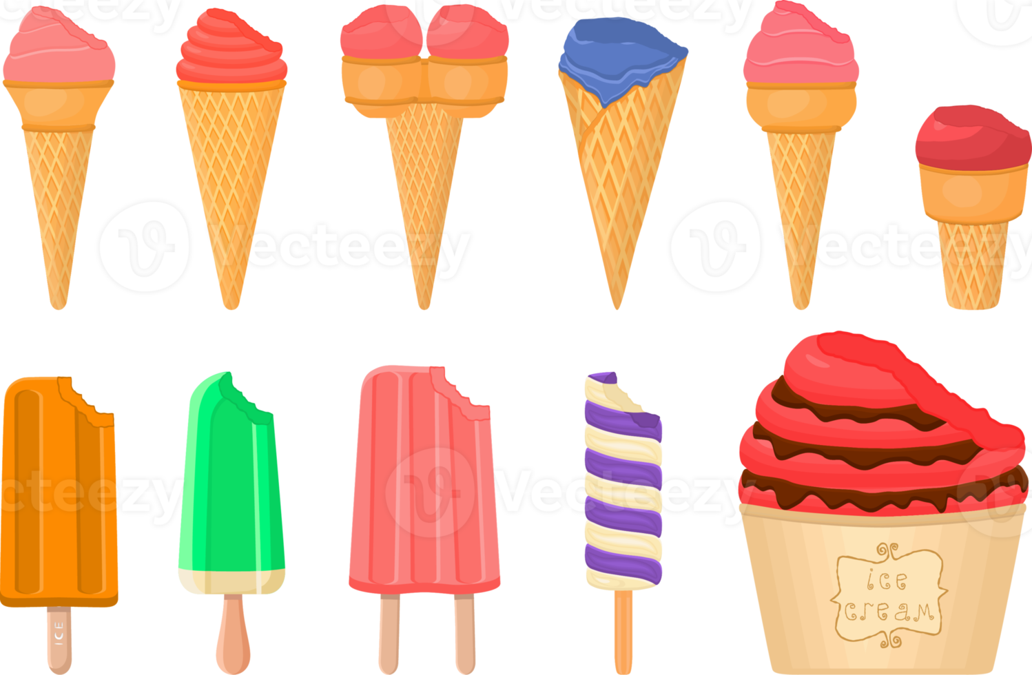 big kit ice cream different types in cone waffle cup png