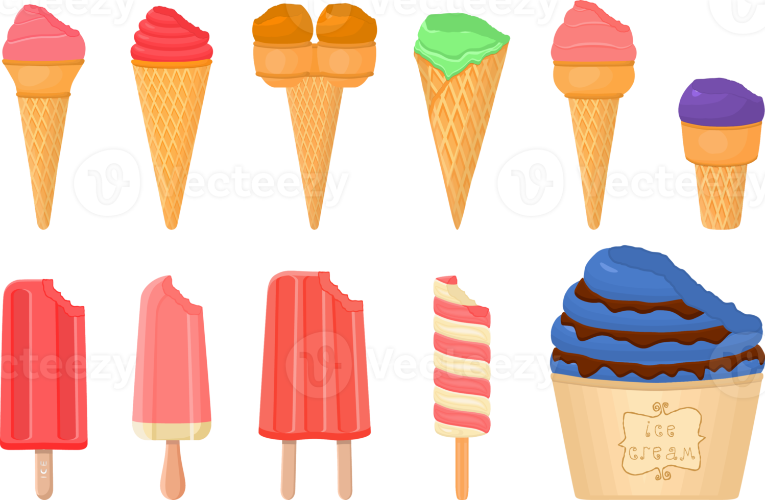 big kit ice cream different types in cone waffle cup png