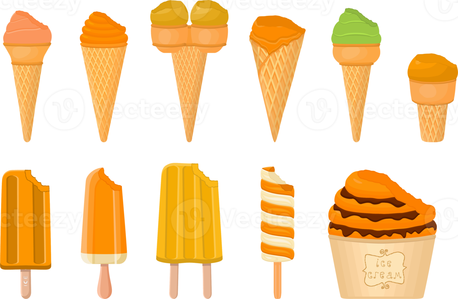 big kit ice cream different types in cone waffle cup png