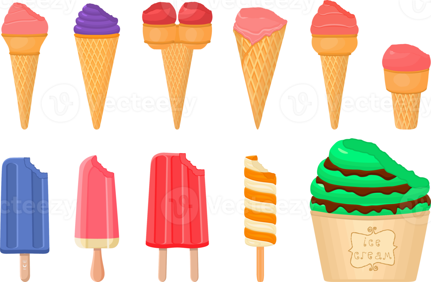 big kit ice cream different types in cone waffle cup png