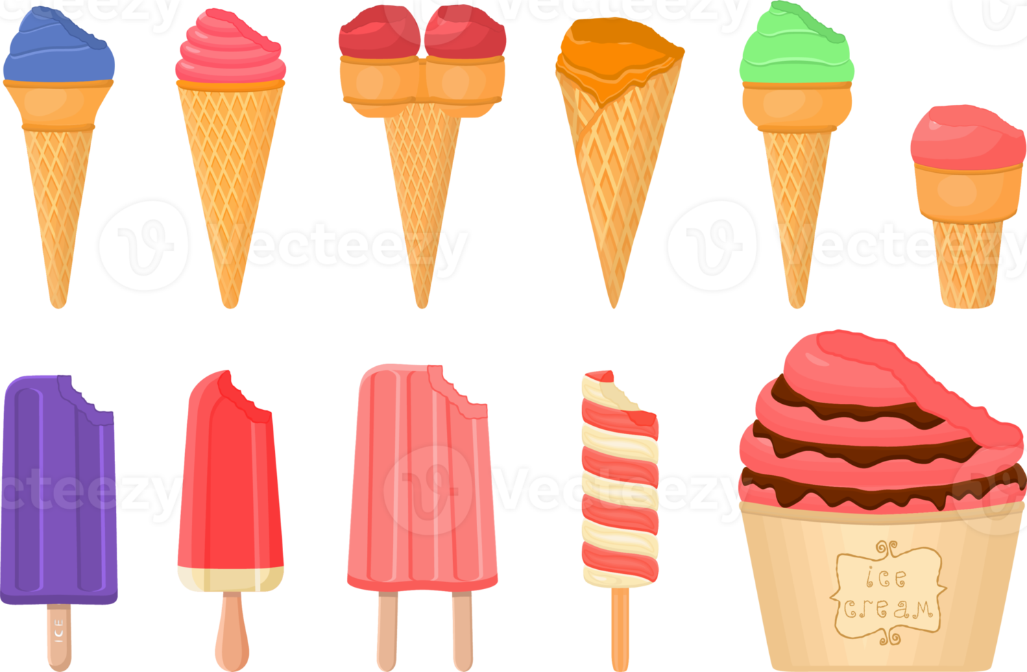 big kit ice cream different types in cone waffle cup png