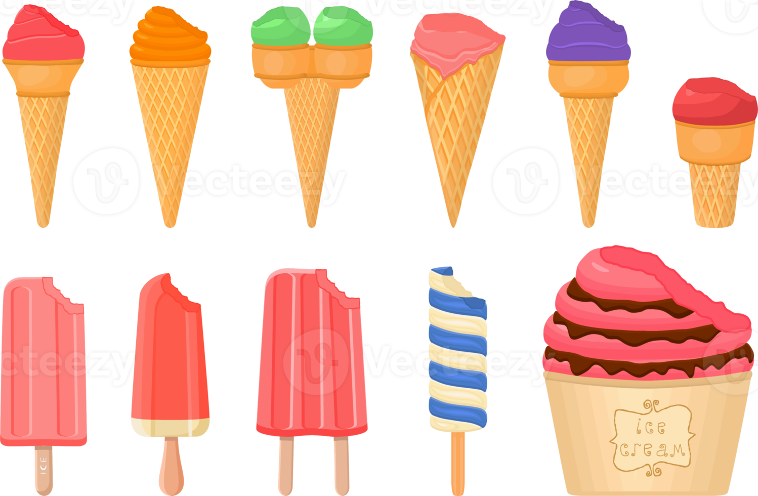 big kit ice cream different types in cone waffle cup png