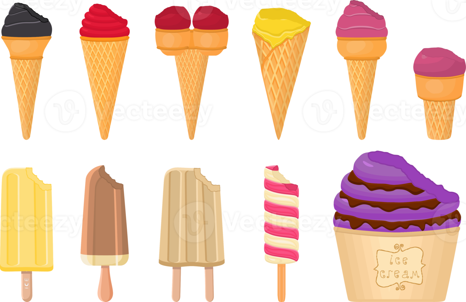 big kit ice cream different types in cone waffle cup png