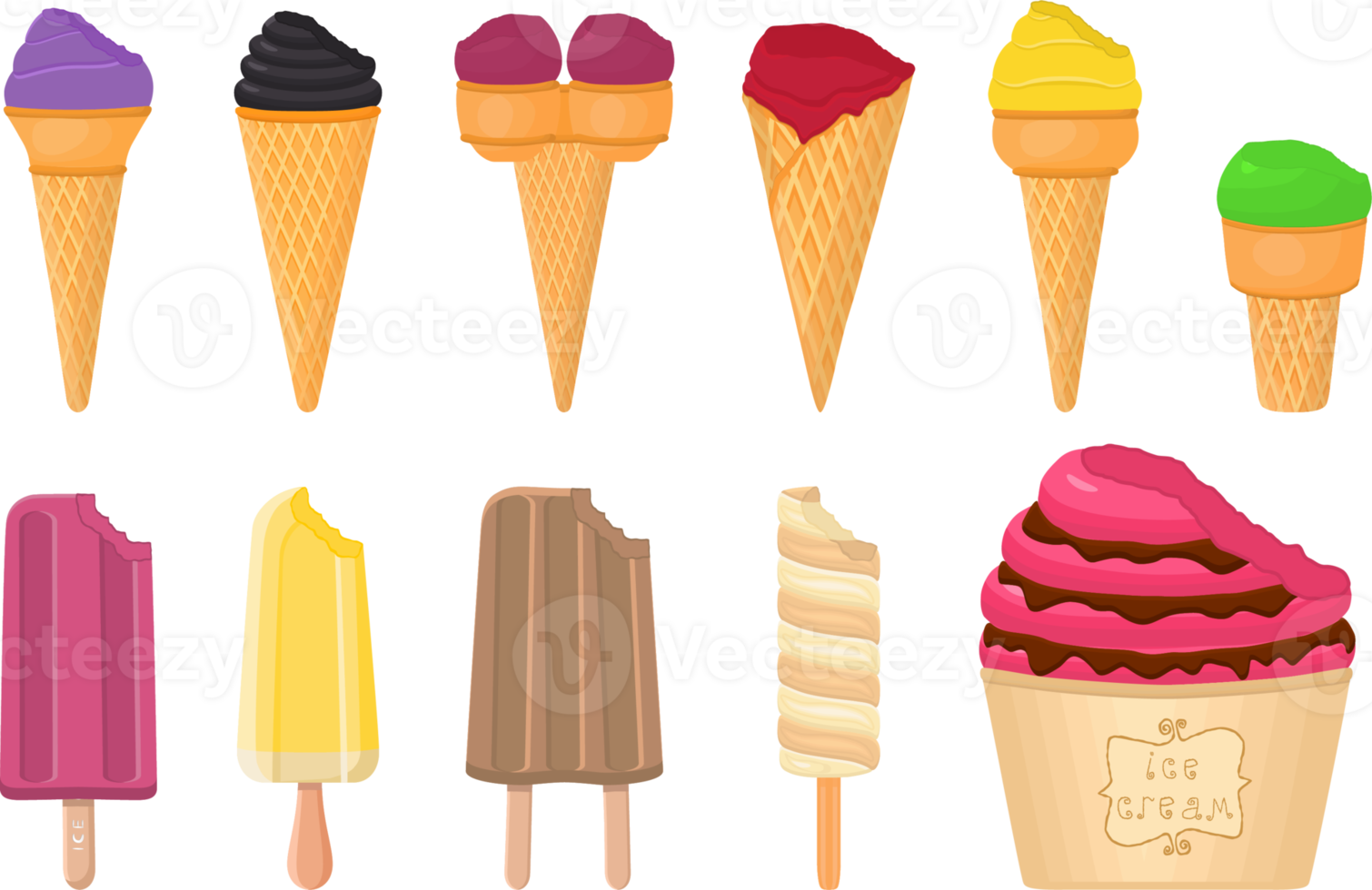 big kit ice cream different types in cone waffle cup png