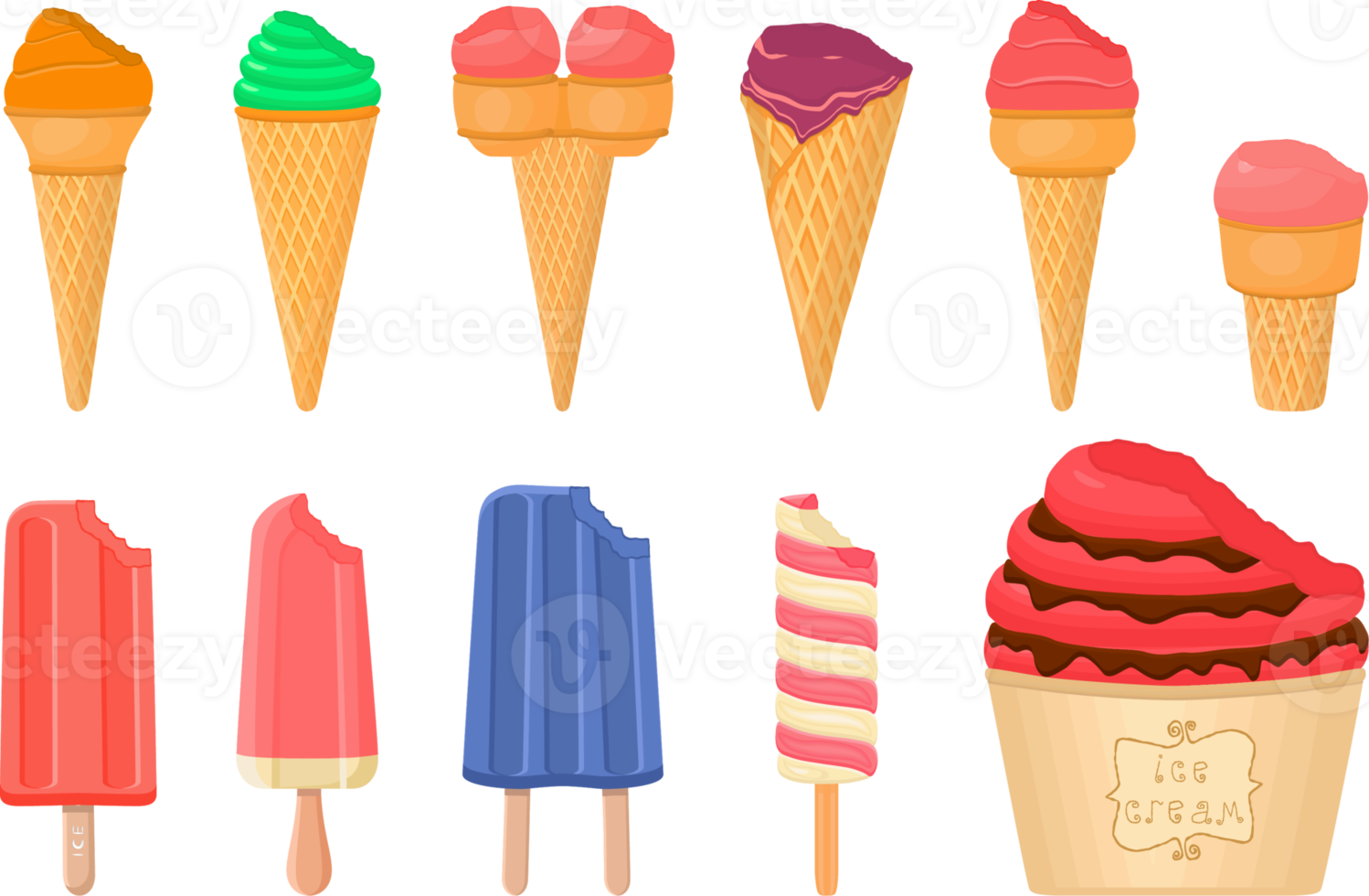 big kit ice cream different types in cone waffle cup png