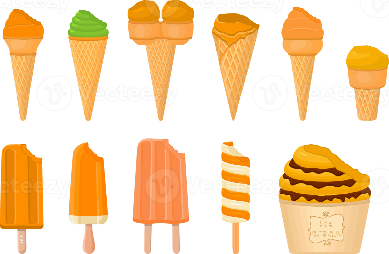 big kit ice cream different types in cone waffle cup png