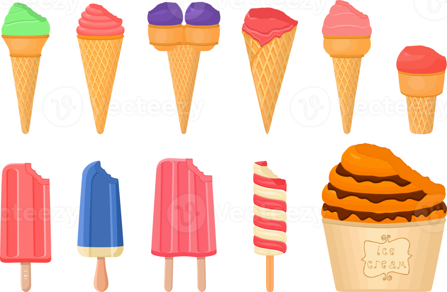 big kit ice cream different types in cone waffle cup png