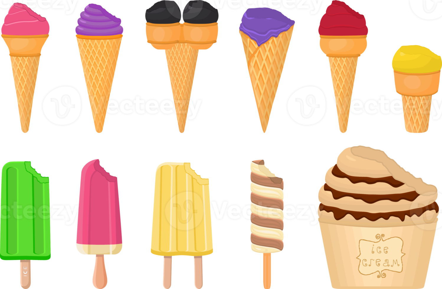 grande kit de sorvete diferentes tipos em copo de cone waffle png