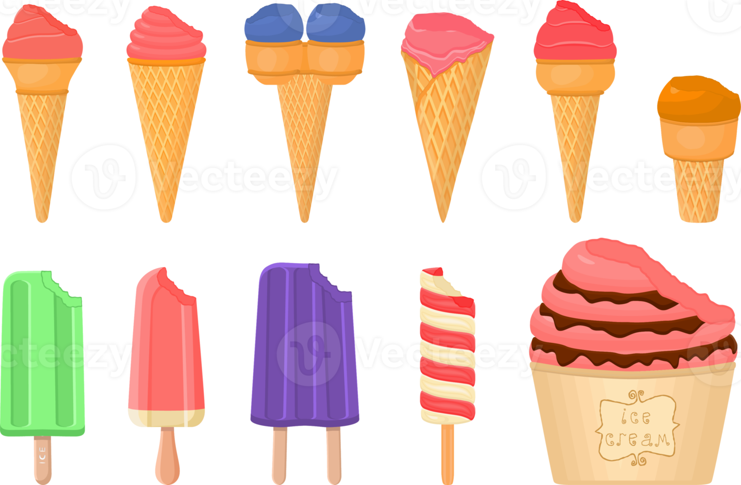 big kit ice cream different types in cone waffle cup png