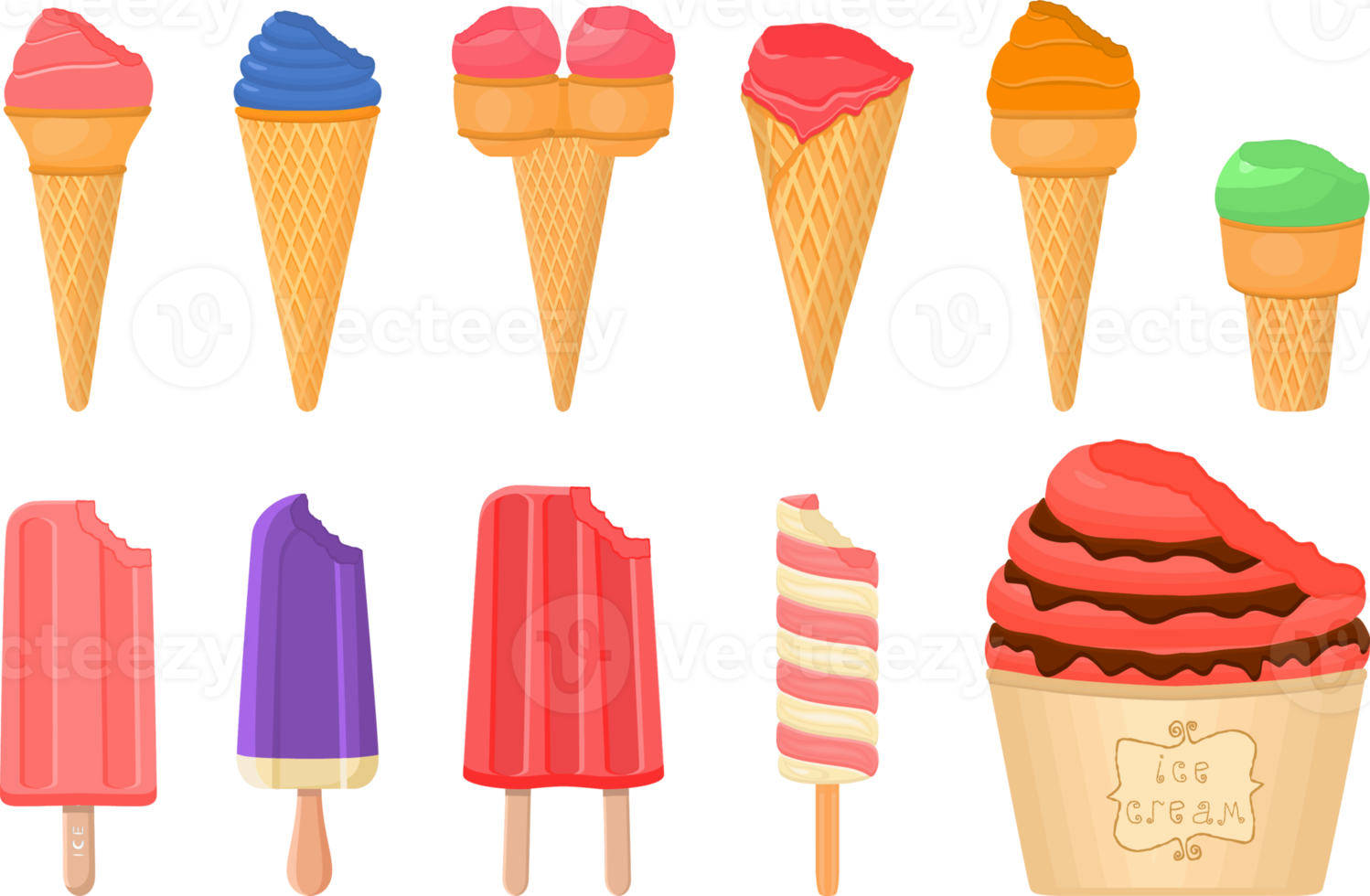 big kit ice cream different types in cone waffle cup png