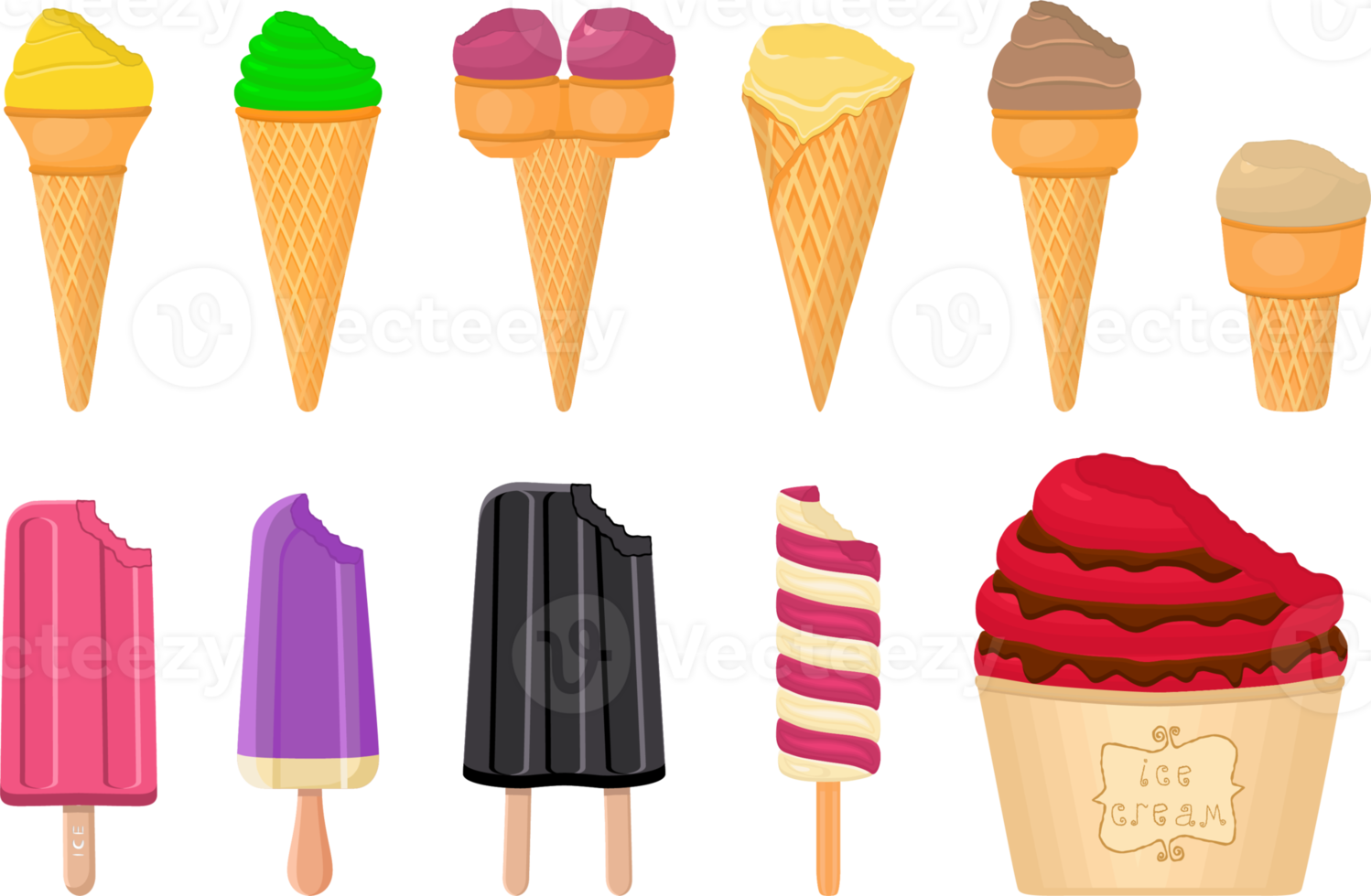 big kit ice cream different types in cone waffle cup png
