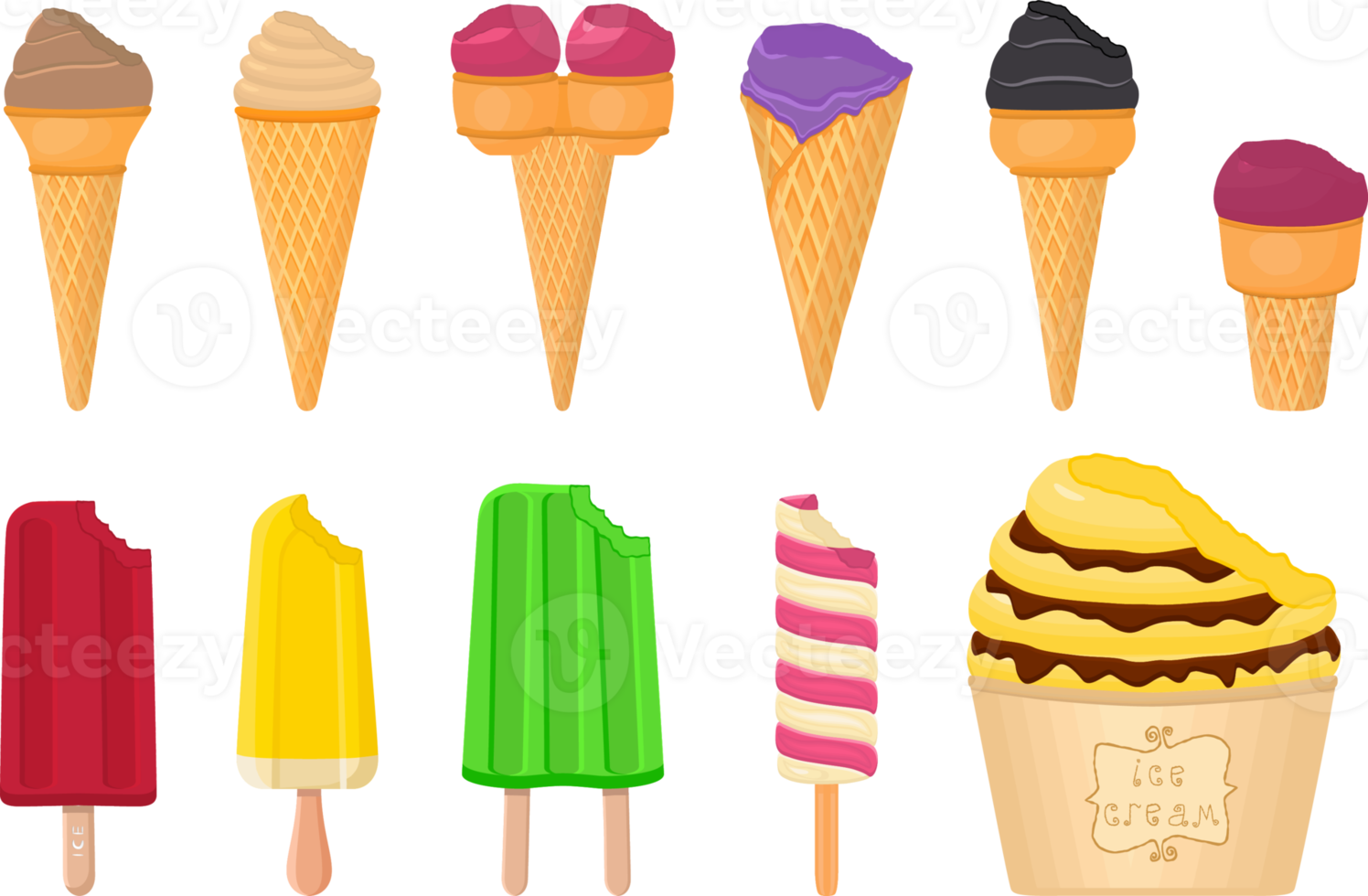 big kit ice cream different types in cone waffle cup png