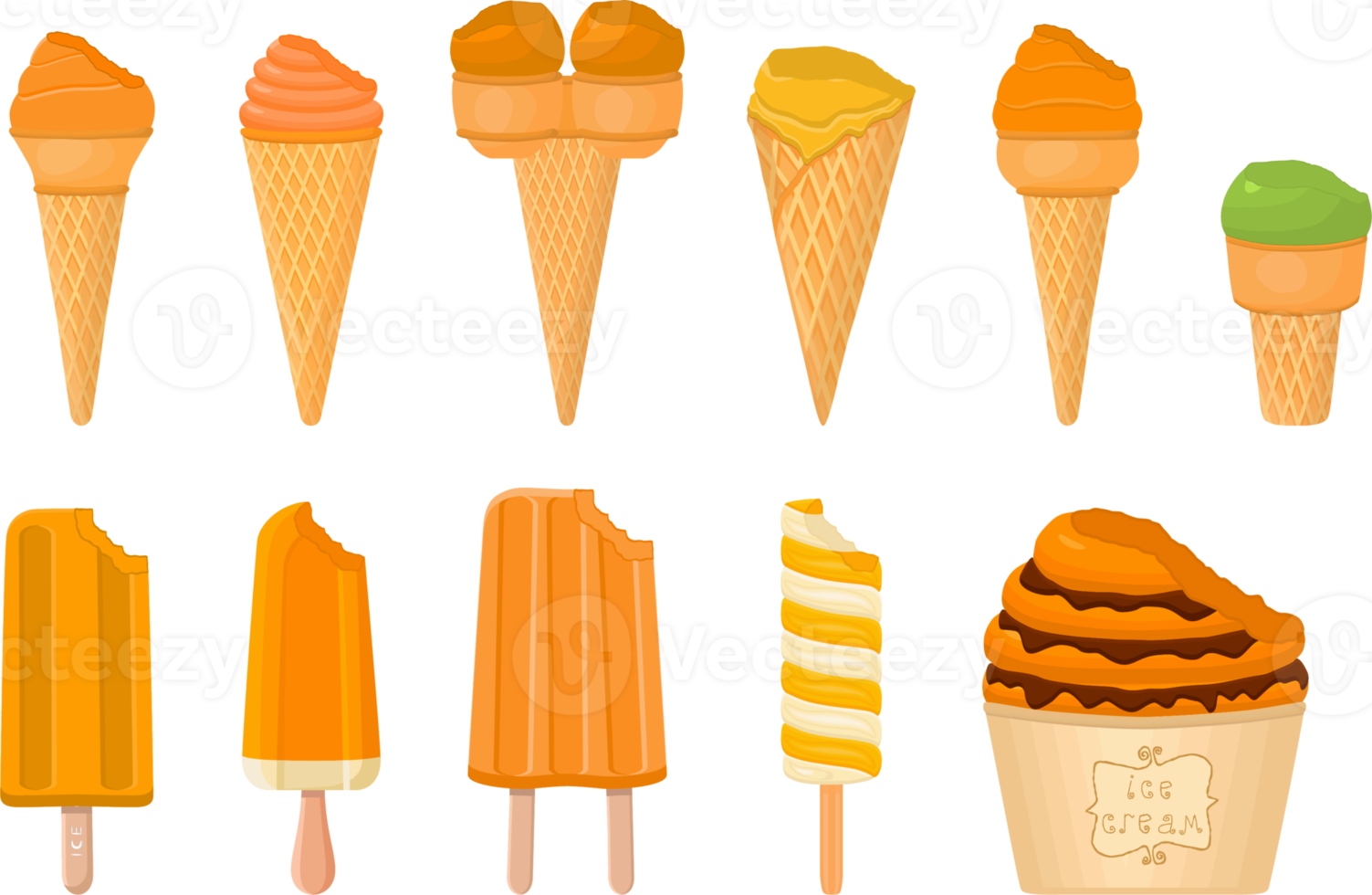 big kit ice cream different types in cone waffle cup png