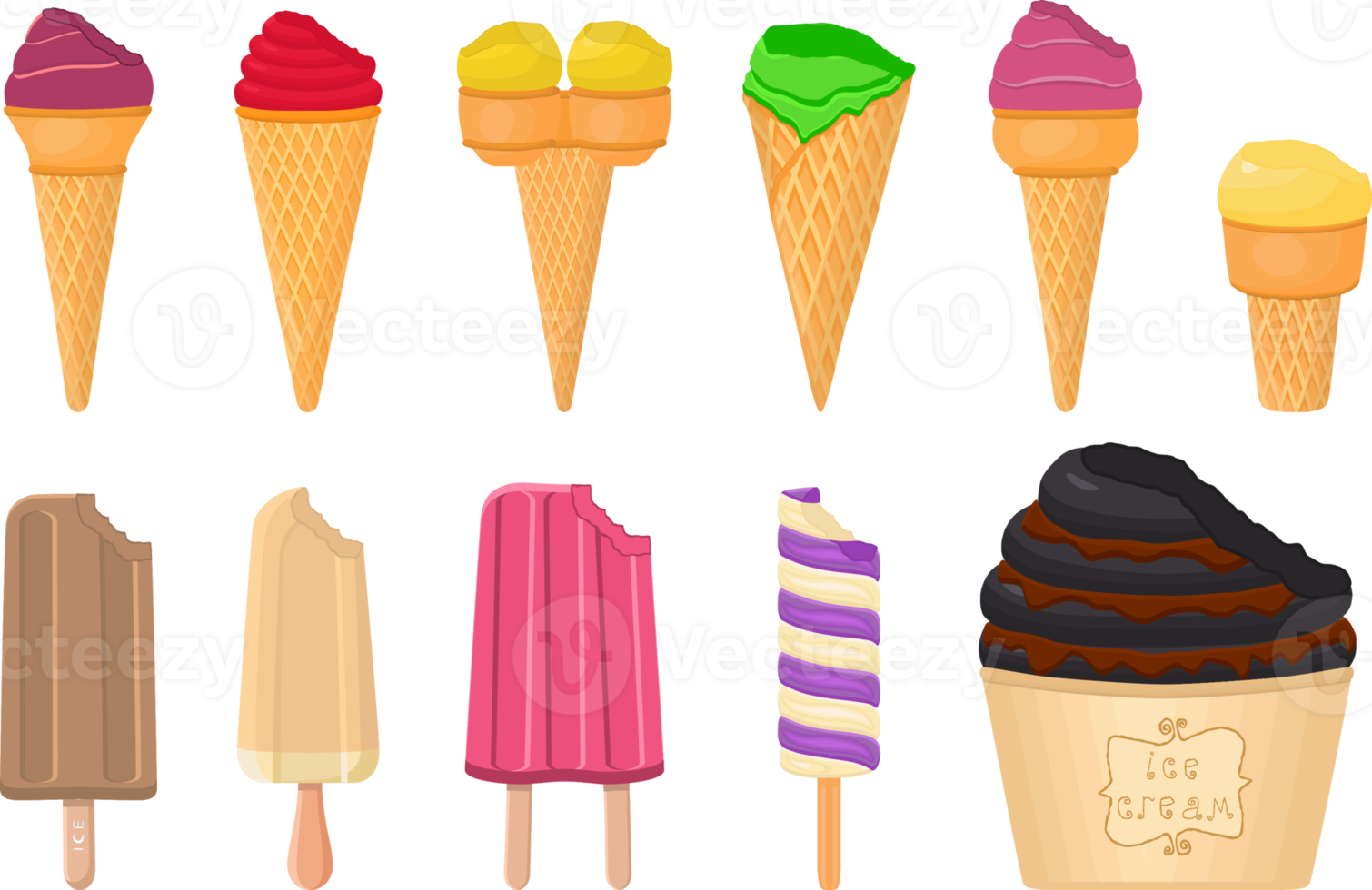 big kit ice cream different types in cone waffle cup png